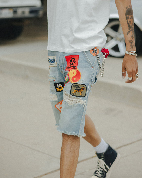 Ellis Denim Cut-Off Patched Shorts (Light Desert Indigo)